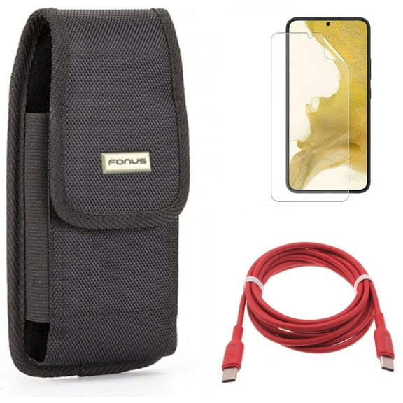 Case Belt Clip & Red 6ft Long Cable & Matte Screen Protector for Samsung Galaxy S22 (6.1") - Swivel Holster & USB-C to Type-C PD Fast Charger & TPU Film Anti-Glare Accessory Bundle
