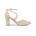 thumbnail image 3 of BLISSFUL STEP Women's Pointed Toe Cross Strap Block Heels Pumps Beige 10, 3 of 7