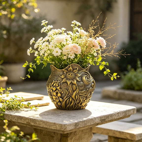 Resin Flower Pot Gold Embossed Relief Decorative Planter, Elegant Gold Sunflower Embossed Planter with Drainage Hole and Tray, Vintage Home Office Decor and Gift for Plant Lovers