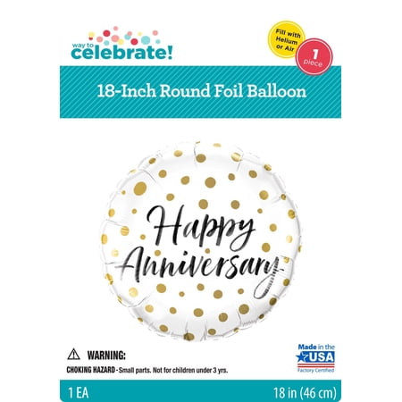 Way to Celebrate 18" Happy Anniversary White Foil Balloon with Gold Dots, All Ages
