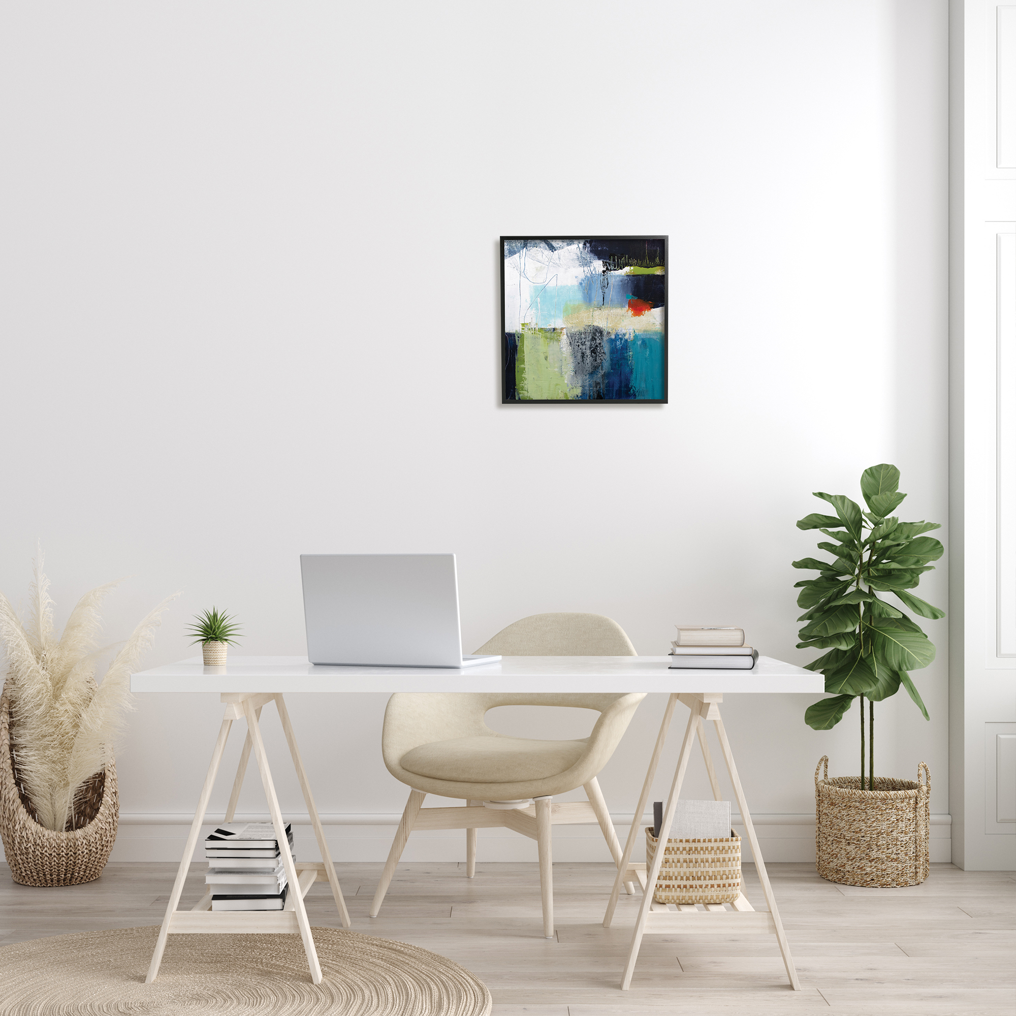 Abstract Collage of Chaotic Shapes Blue Green Abstract Framed Art Print Wall Art, 17x17