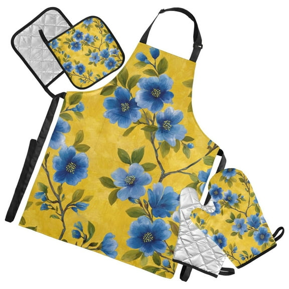 Elegant Blue Floral Yellow Background Apron Set with Oven Mitts Pot Holders Set of 5 Kitchen Stuff Accessories