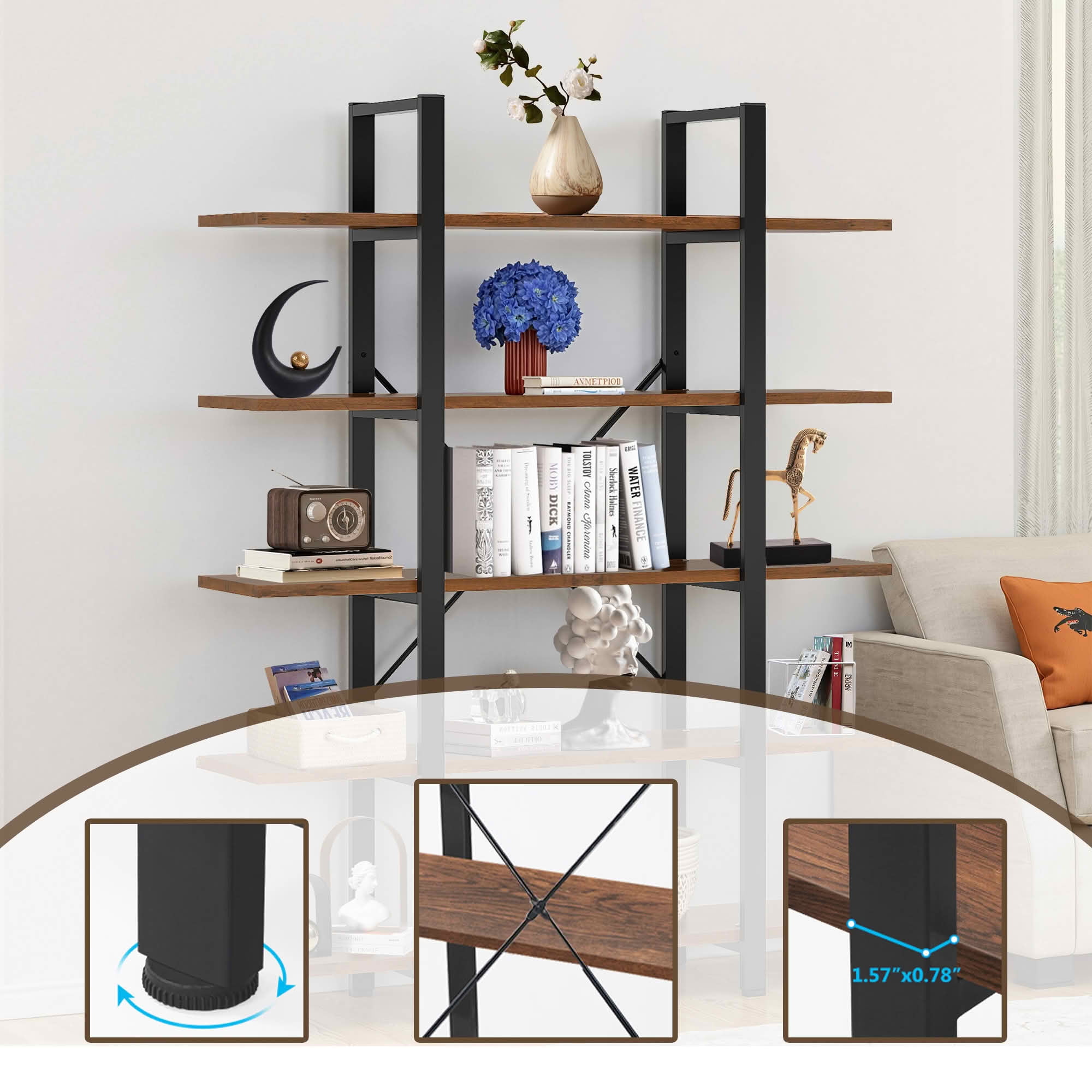 MAYEERTY 72"H 5-Tier Open Etagere Bookshelf, 47 Inch Wide Brown Storage Display Rack, Metal Frame E1 Engineered Wood Bookcase with Adjustable Foot Pads for Living Room Office