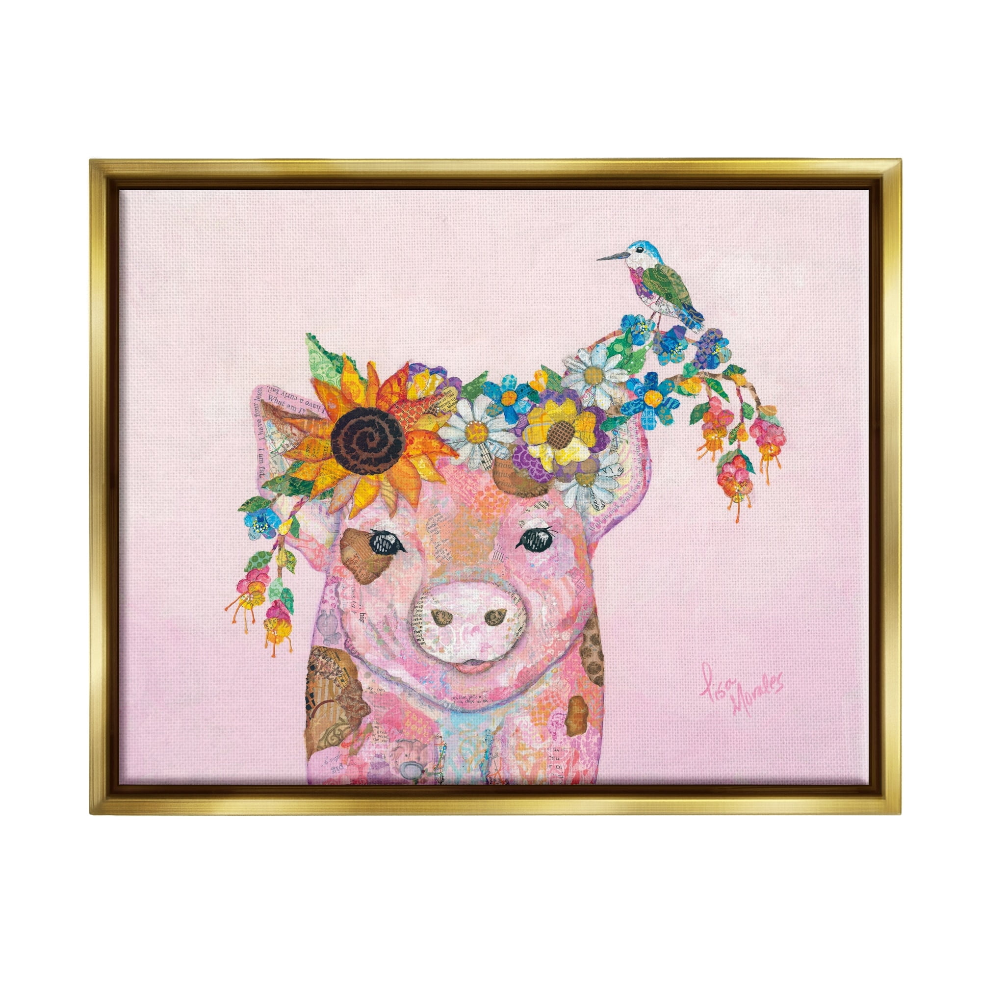 Stupell Industries Floral Pink Little Piggy & Bird Animal Collage Painting Metallic Gold Floating Framed Canvas Print Wall Art, Design by Lisa Morales