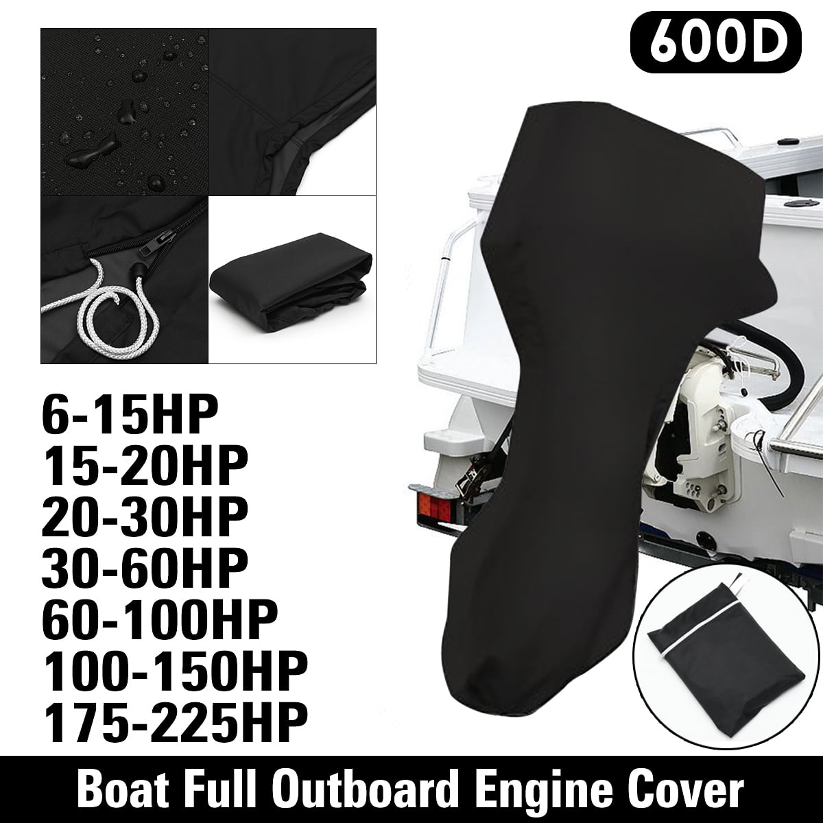Speedboat Full Outboard Engine Motor Cover body Fit Up to 6-225HP 600D Black UK 