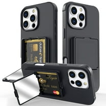 ELEHOLD Case for iPhone 16e with Mirror, Built-in Cash Slot, Rugged Plastic Shell Protective Kickstand Mirror Heavy Duty Shockproof Wallet Case Cover for iPhone 16e,Black