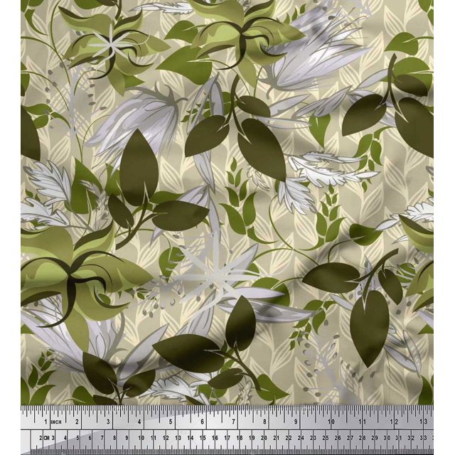 Soimoi White polyester Crepe Fabric Artistic Leaves Printed Craft Fabric by the Yard 52 Inch Wide