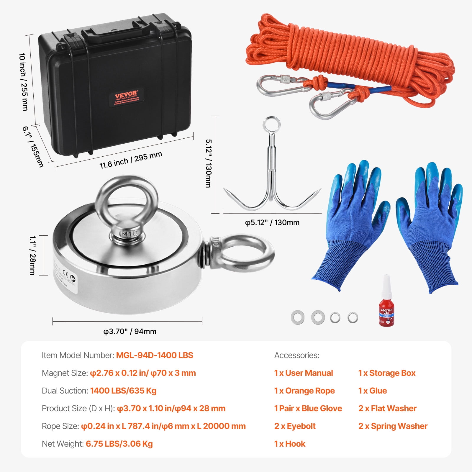 VEVOR Magnet Fishing Kit, 1400 LBS/635 Kg Double-Sided Pulling Force Magnet Fishing Kit, Rare Earth Neodymium Magnetic Fishing Kit Includes Grappling Hook, Heavy Duty Rope, Gloves, Eyebolt, Case