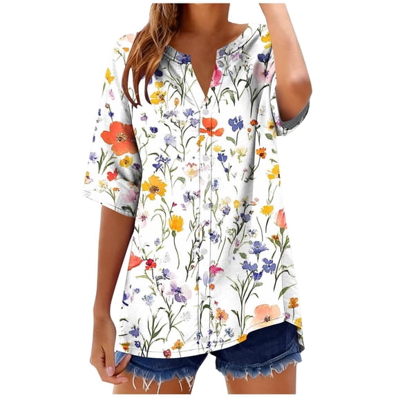 LYEAA Button up Shirts for Women Linen Short Sleeve V Neck Tees Floral Printed Button down Tops Trendy Clothes