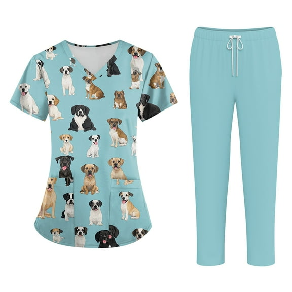 HAJWOH Medical Scrubs Set for Women Cute Print Scrub Top and Cargo Pants with Stretch Nursing Quick Dry Uniform Suits