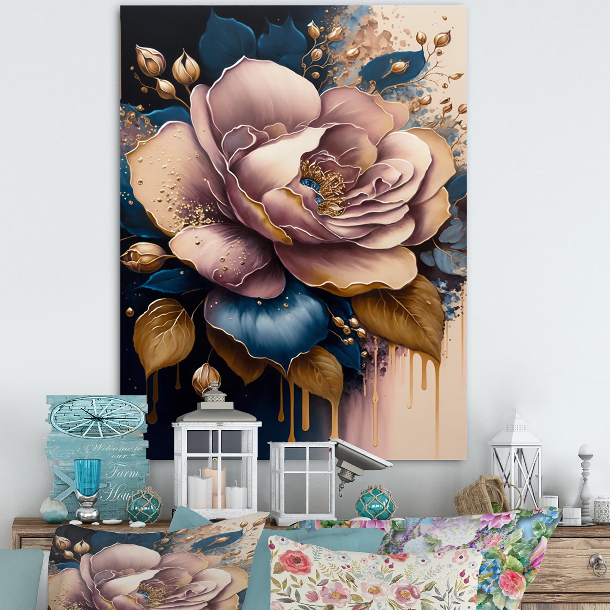 Designart Decadent Pink And Blue Roses I Canvas Wall Art