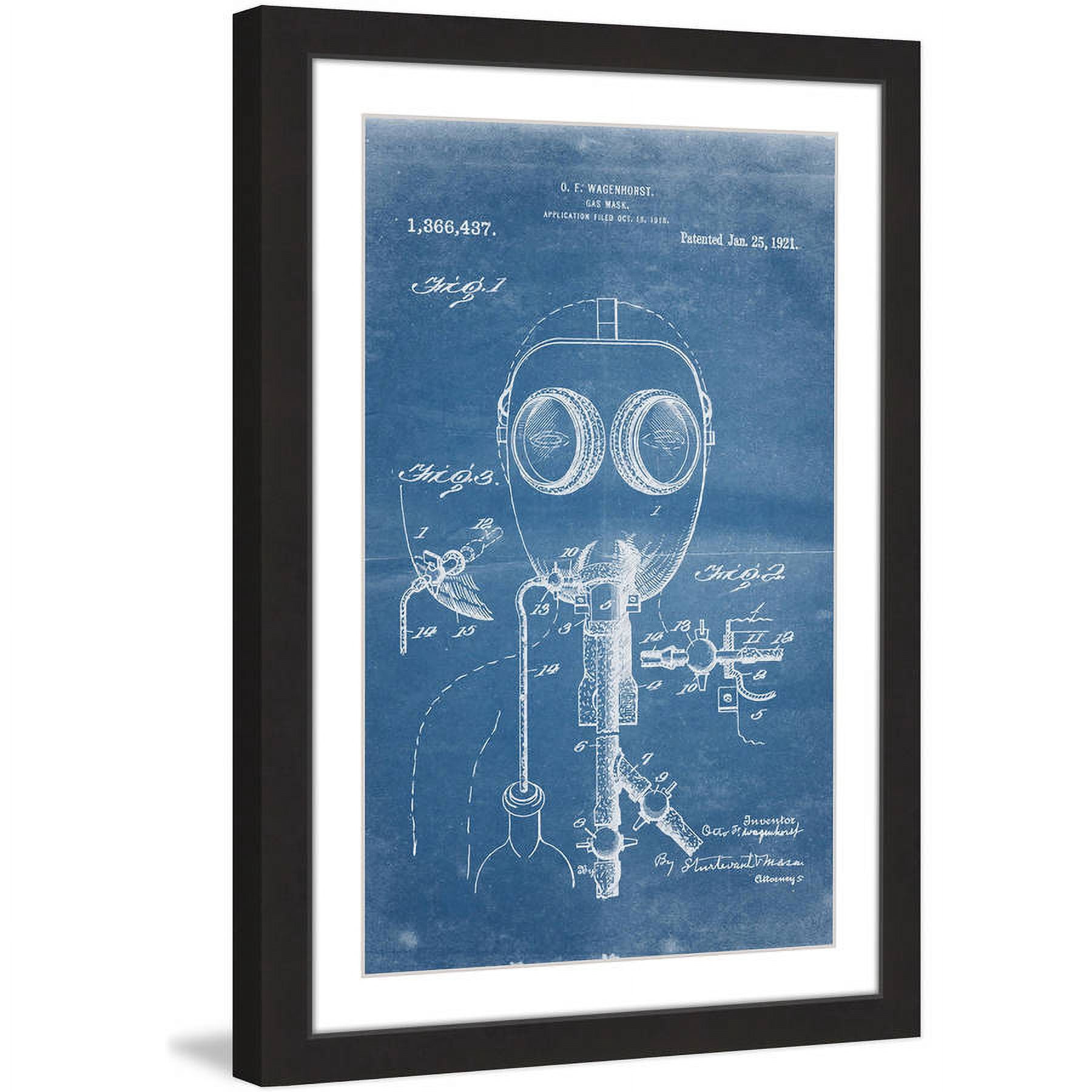 "Gas Mask 1921 Blueprint" Framed Painting Art Print, 12" x 1.5"