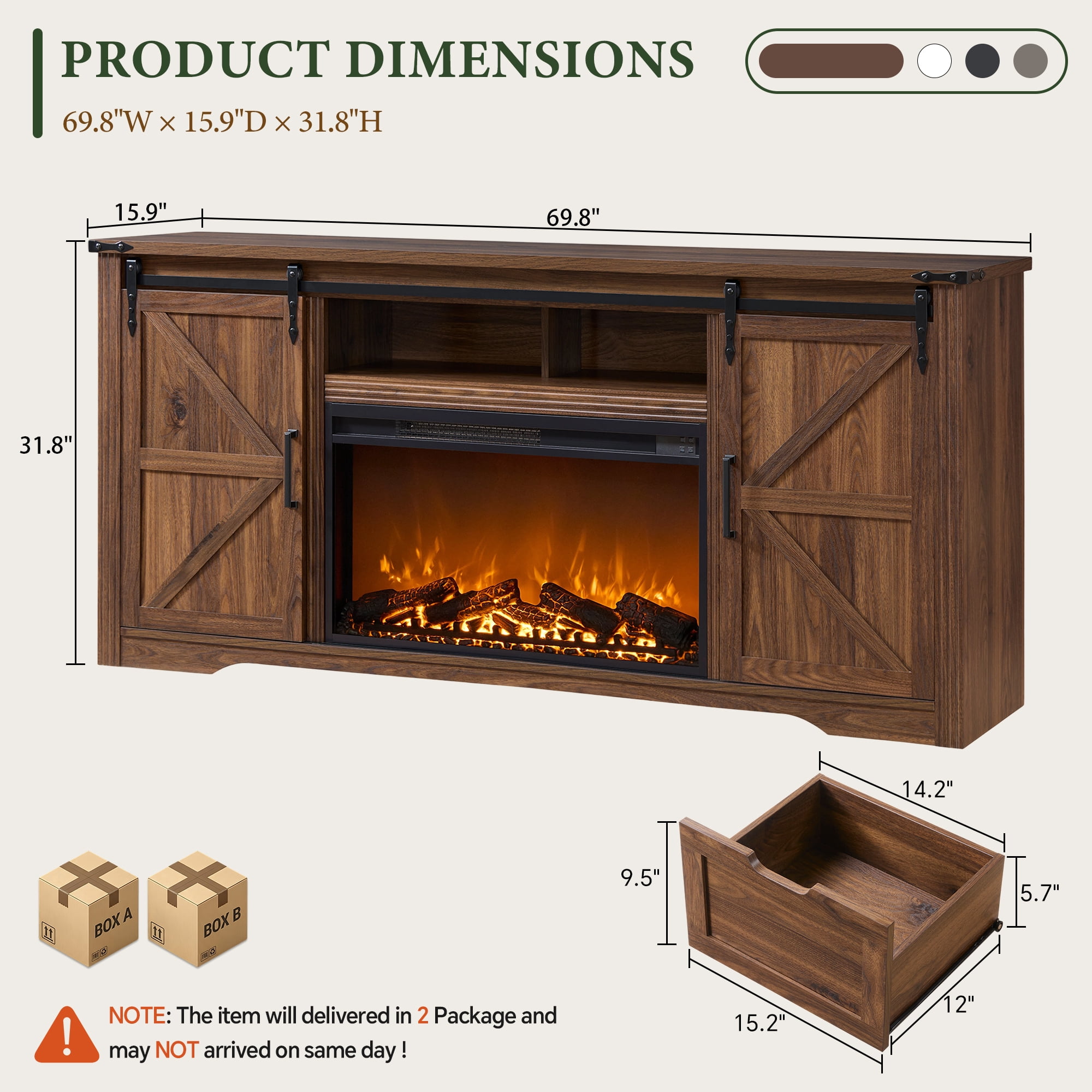IFMUST Farmhouse Fireplace TV Stand for TVs up to 80", 30" Electric Fireplace & Barn Door