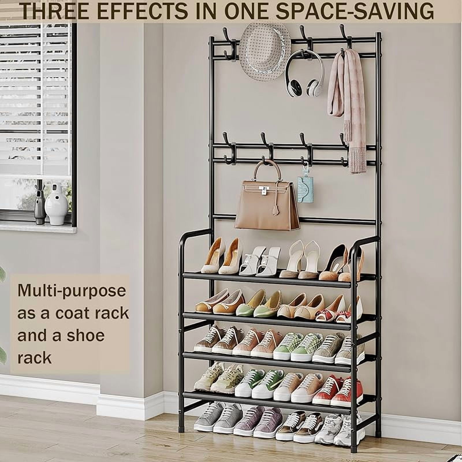 SEAMIKA Coat Rack Shoe Rack With Storage Shelf Freestanding with 8 Hooks for Entryway Bedroom Closet 4 Tier, Black