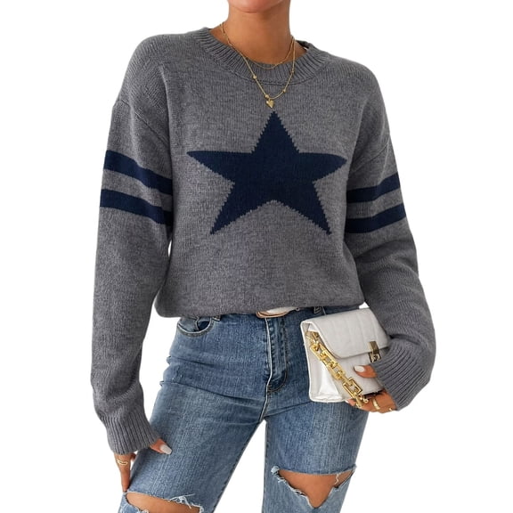 Women's Star Jacquard Striped Oversized Crew Neck Pullover Knit Sweater Top Gray S
