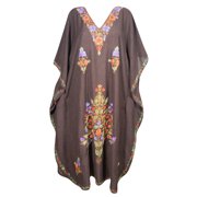 Mogul Kashmiri Maxi Kaftan Floral Hand Embroidered Brown Beach Cover Up Evening Dress