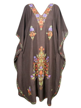 Mogul Kashmiri Maxi Kaftan Floral Hand Embroidered Brown Beach Cover Up Evening Dress