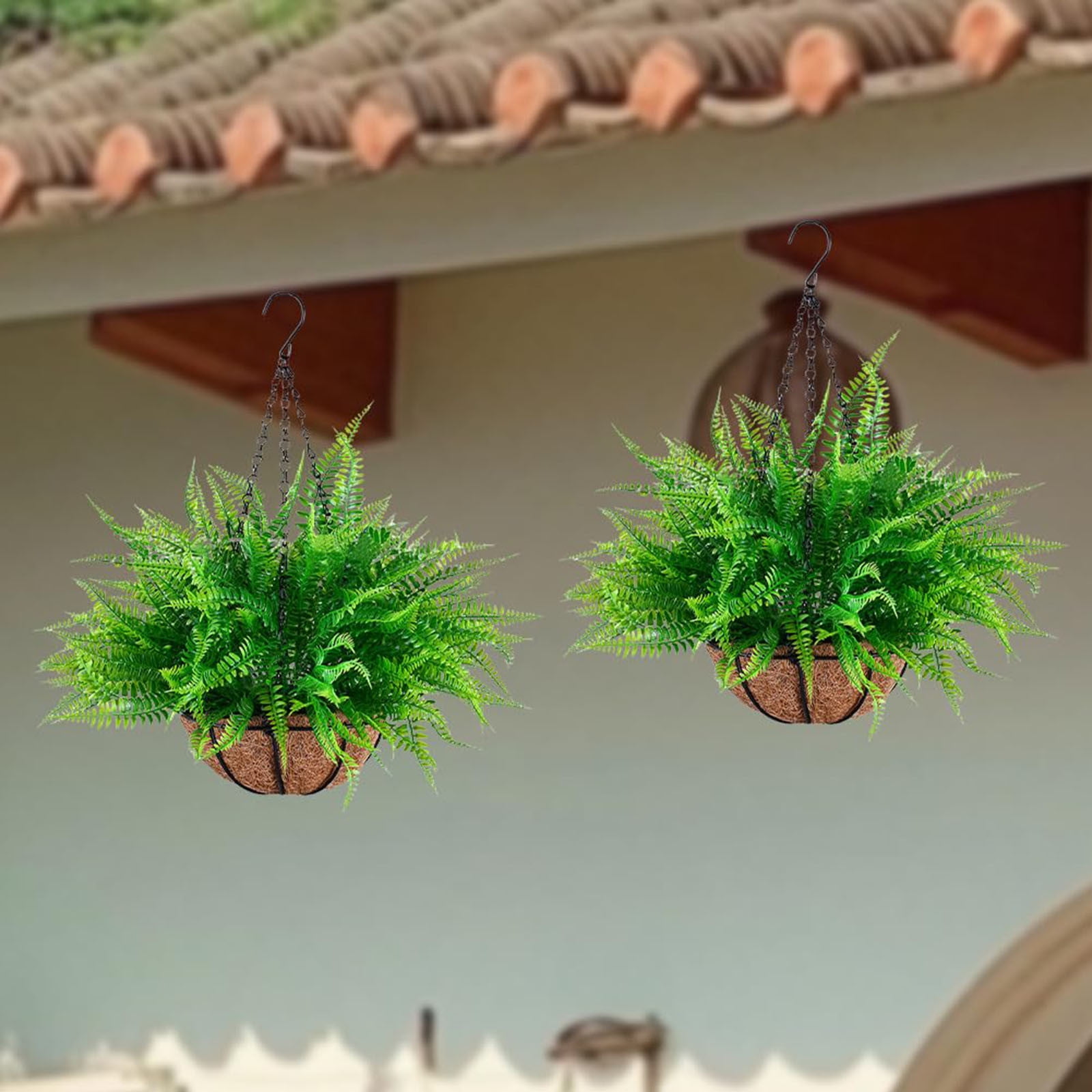 3 Set Artificial Hanging Outdoor Hanging Ferns Planter, UV Resistant Fern Basket for Outdoors Patio Garden Home Decor (Green)