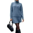 thumbnail image 3 of Female Sweater Skirt Sets 2 Piece Outfits Ribbed Knit Mock Neck Sweater Pullovers A Line Mini Skirt Set Blue S, 3 of 8