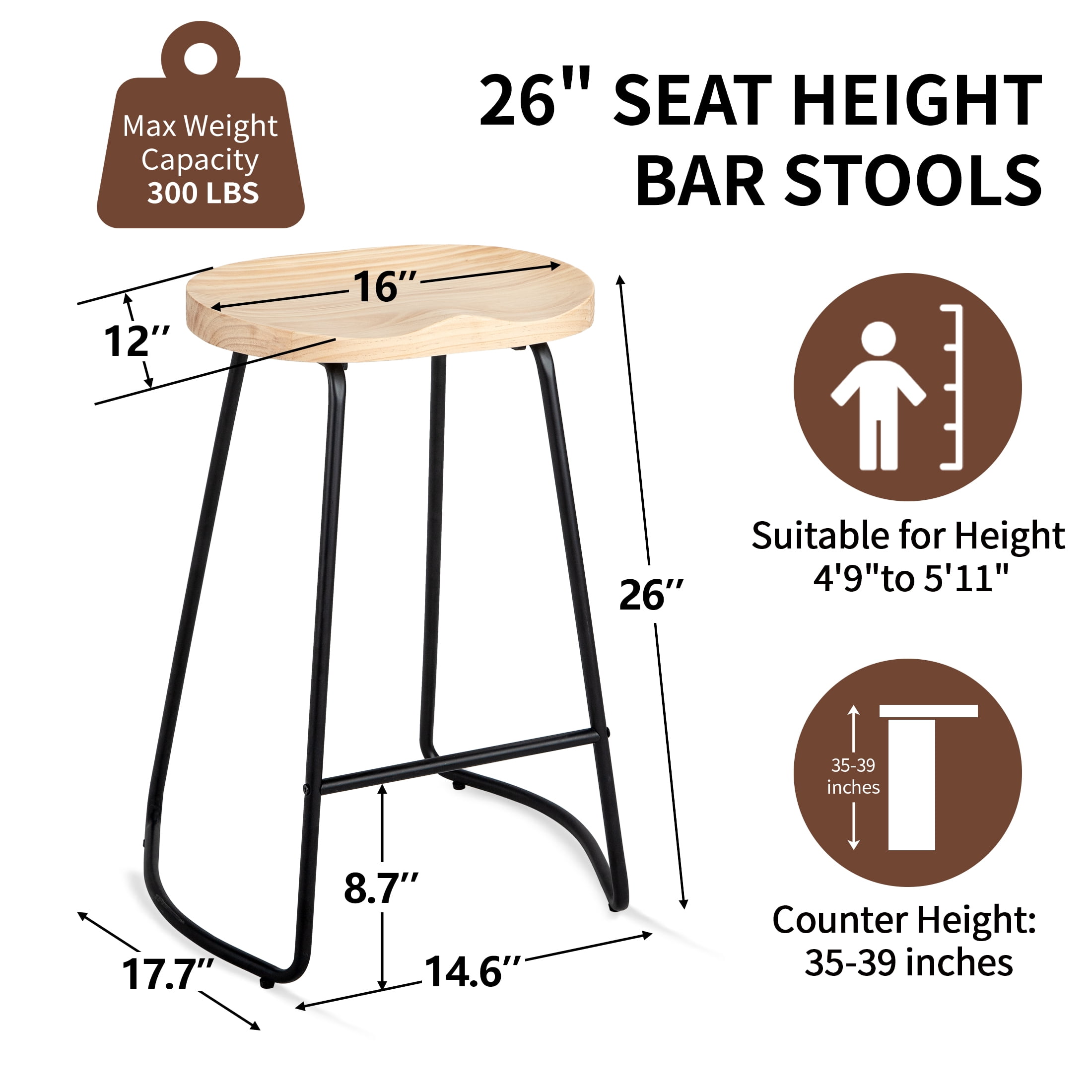 FIRAVOE Counter Height Bar Stools (Saddle Seat Backless) Barstools Set of 4, 26" Rustic Wooden Counter Stools Kitchen Stools