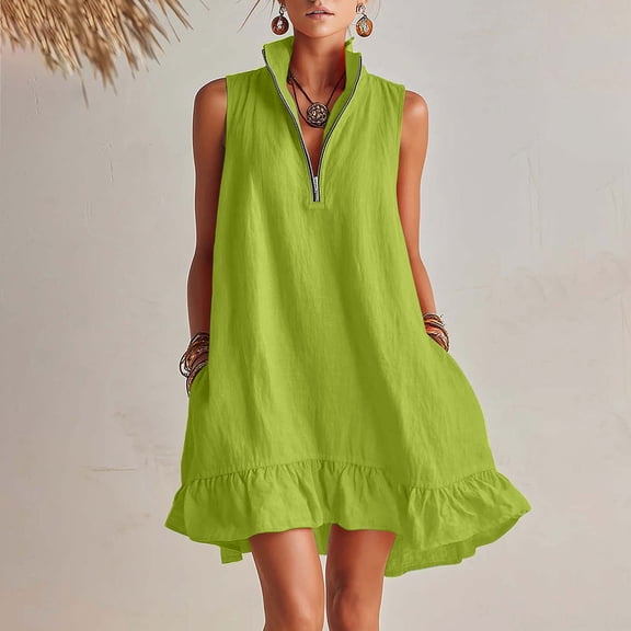 Yteetum Dresses for Women Summer Sleeveless Half Zipper Ruffle Hem Mini Dress Casual Solid V Neck Loose Lightweight Comfy Boho Ruffled Hem Travel Vacation Dresses