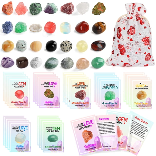 Juego de tarjetas de San Valentín con cristales de piedras preciosas naturales para niños