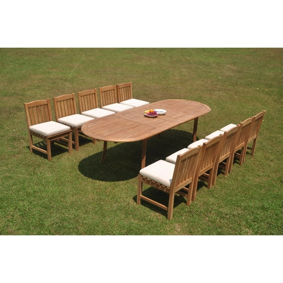 Grade-A Teak Dining Set: 10 Seater 11 Pc: 118" Double Extension Oval Table And 10 Devon Armless Chairs Outdoor Patio WholesaleTeak #WMDV48