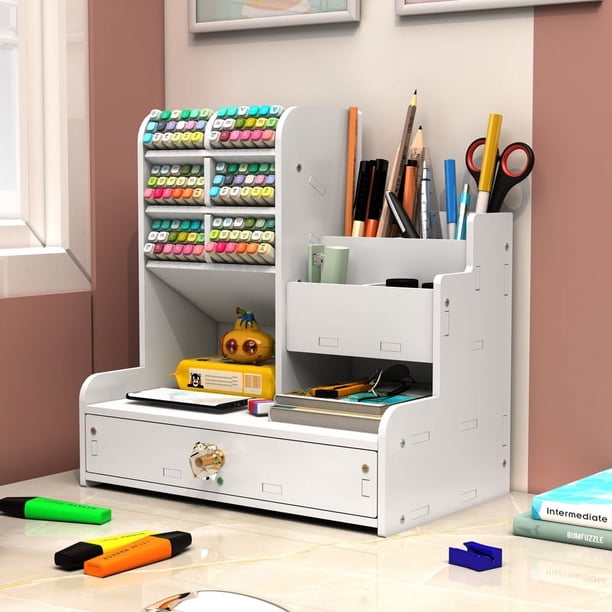 Caja de almacenamiento para bolígrafos de escritorio DIY, caja multifuncional para suministros de oficina, caja de papelería de gran capacidad, soporte de madera y plástico para bolígrafos