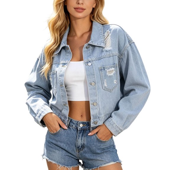 Denim Jacket for Women Ripped Tassel Lapel Button Down Long Sleeve Outerwear Casual Lightweight Fall Coat