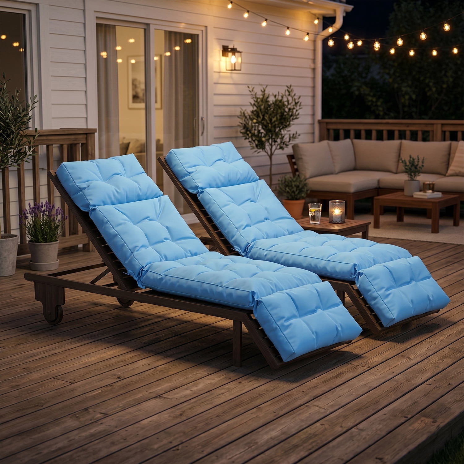 BaPiPro Set of 2 Upgraded 4-Segment Chaise Lounge Cushions, All-Weather Tie Fastened Pads with Plush PP Cotton, for Patio, Poolside & Balcony, Sky Blue