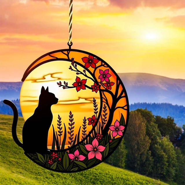 Stained Glass Window Hanging Pendant Featuring Kitten Design with Crescent Moon and Floral Motif