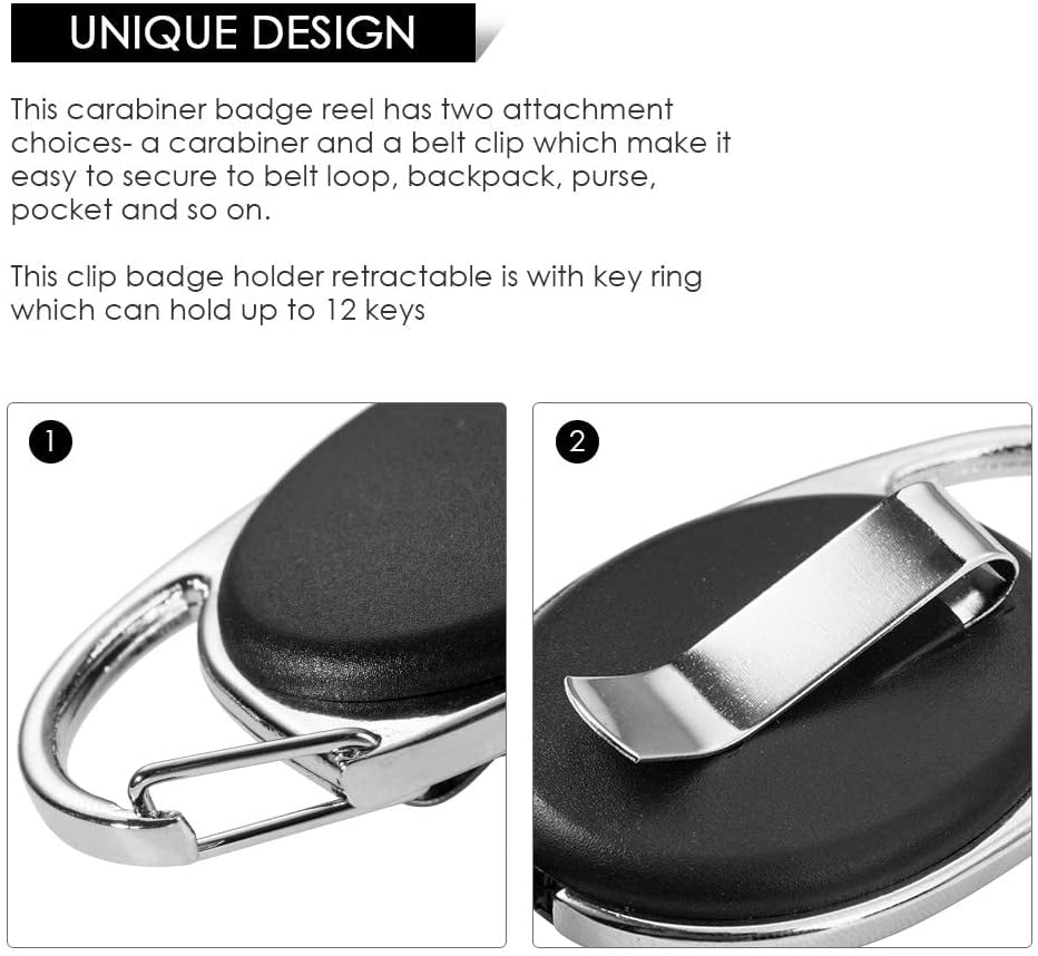 2 Pack ID Badge Holder,Badge Holder Retractable Clip with Carabiner Reel Clip and Key Ring for Men and Women
