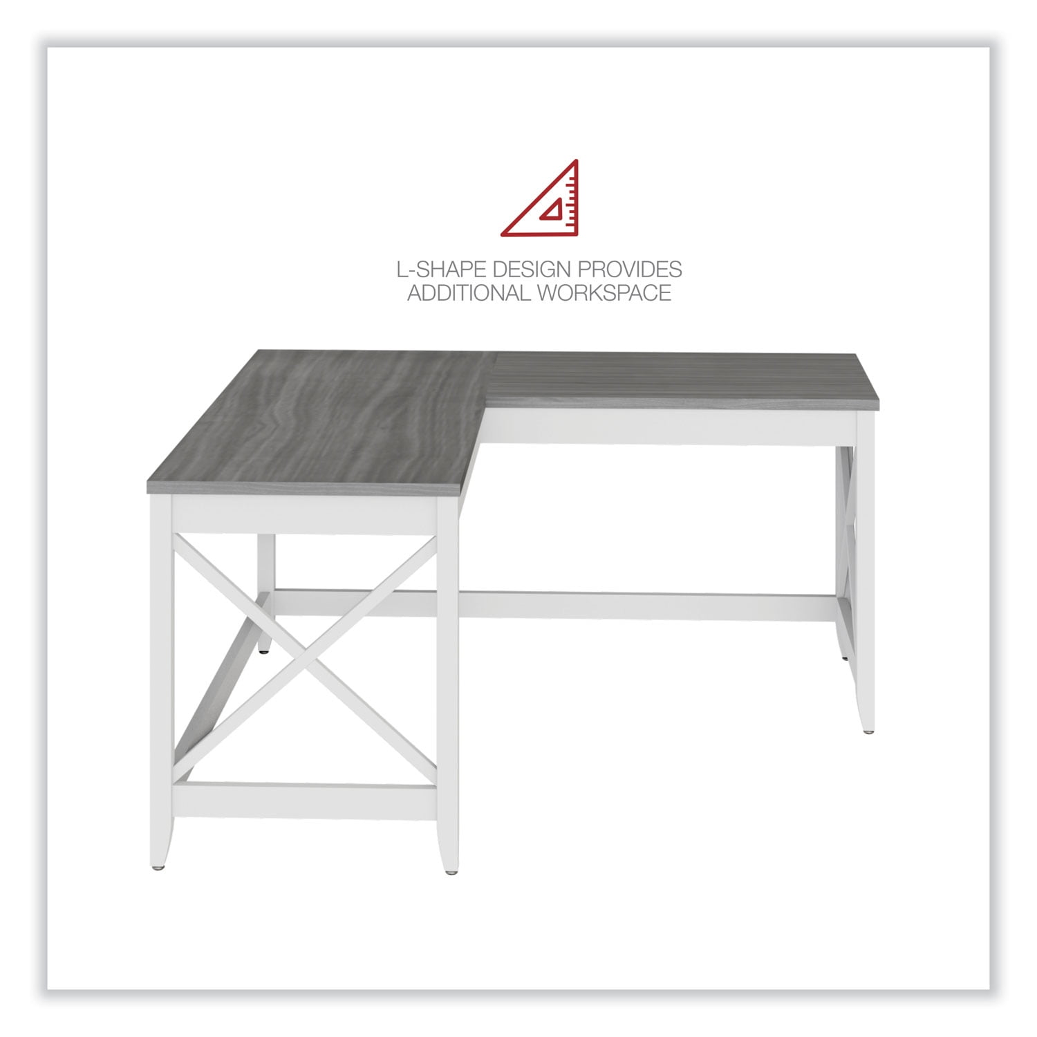 Workspace by Alera L-Shaped Farmhouse Desk, 58.27 x 58.27 x 29.53, Gray/White
