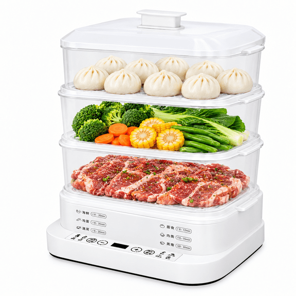 INSMETA 28L 3-Tier Electric Food Steamer, 800W Touch LED Display, 24H Delay Start, Auto Shutoff, Stackable Trays for Seafood, Rice, Vegetables