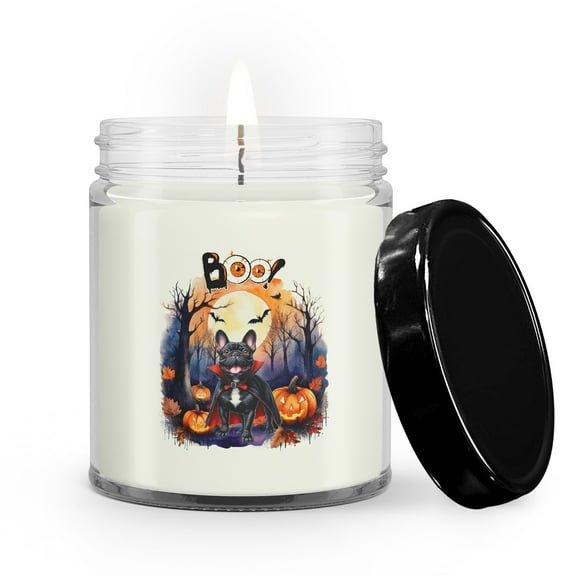 Happy Halloween Vampire French Bulldog BOO with Pumpkins Fun and Spooky Soy Wax Candle Dog Lover Gifts 9oz White Birch & Black Pepper Candle - 00018