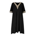 thumbnail image 4 of CFLVAEK Summer Gauze Cotton Linen Dresses for Women with Pocket Plus Size Short Sleeve Resort Wear Dress Casual Solid Color Beach Dresses Loose Fit Eyelet V Neck Midi Long Dress Black XXL, 4 of 6