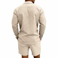 thumbnail image 4 of Ohufall Men 2 Piece Outfit Button Turndown Collared Loose Long-sleeve Shirt with Drawstring Elastic Waist Baggy Shorts Suit, 4 of 5