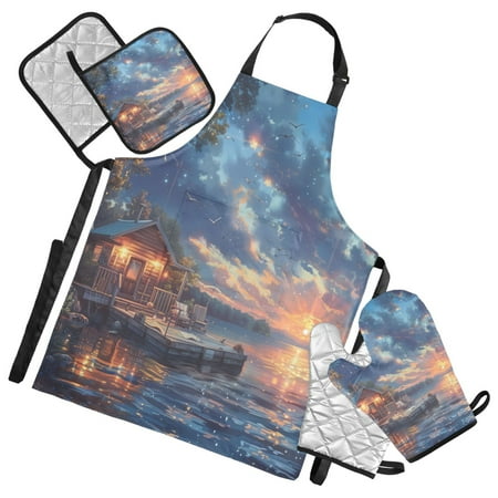 

5 Pcs Kitchen Set Heat Resistant Oven Mitts and Non-Slip Pot Holders with Adjustable Cooking Apron Lakehouse in Sunset