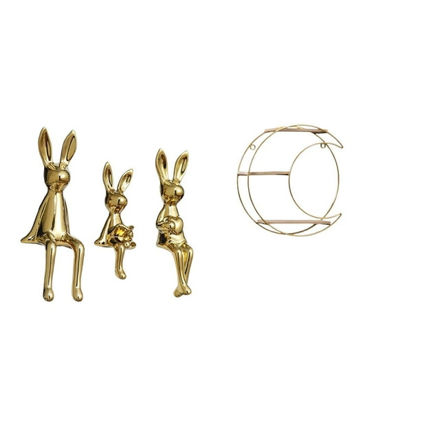 Escultura de familia de conejos con estante de pared metálico moderno, exhibidor multifuncional para coleccionables y decoración de mesa o vitrina.