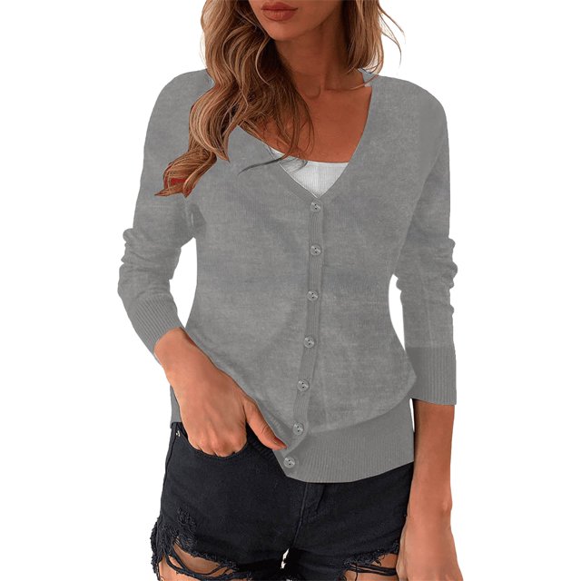 IMENGL V Neck Plus Size Cardigan Sweater Solid Color Knitted Long Sleeve Short, Gray XL, Size M-3XL