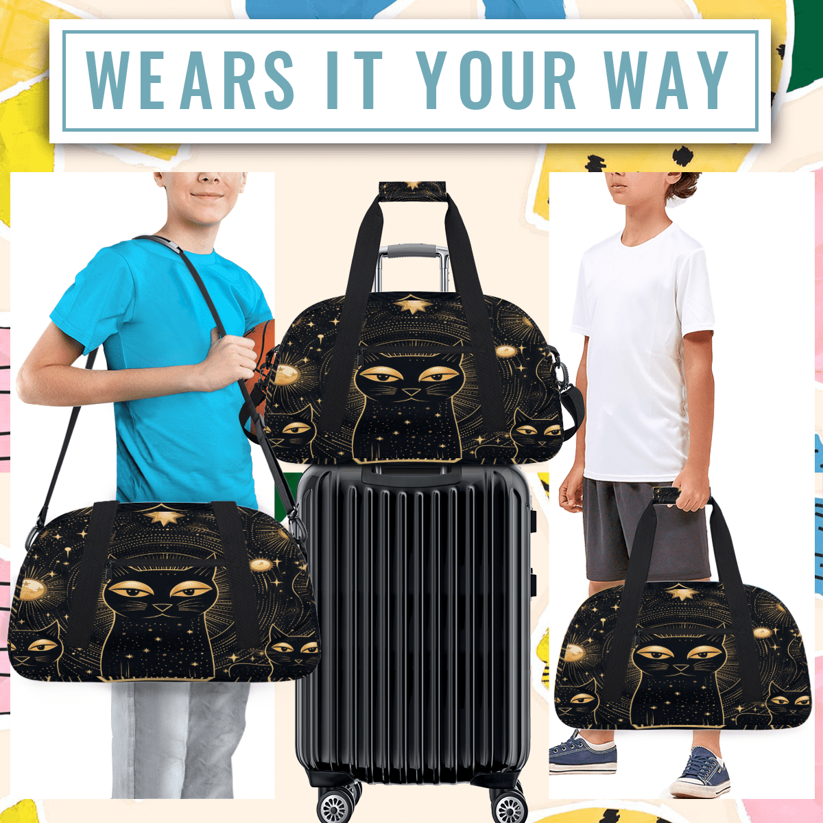 Herdesigns Black Cat Sports Duffle Bag for Women & Men, Gym Bag Dance Bag Overnight Bag Carry On Weekender Travel Bag