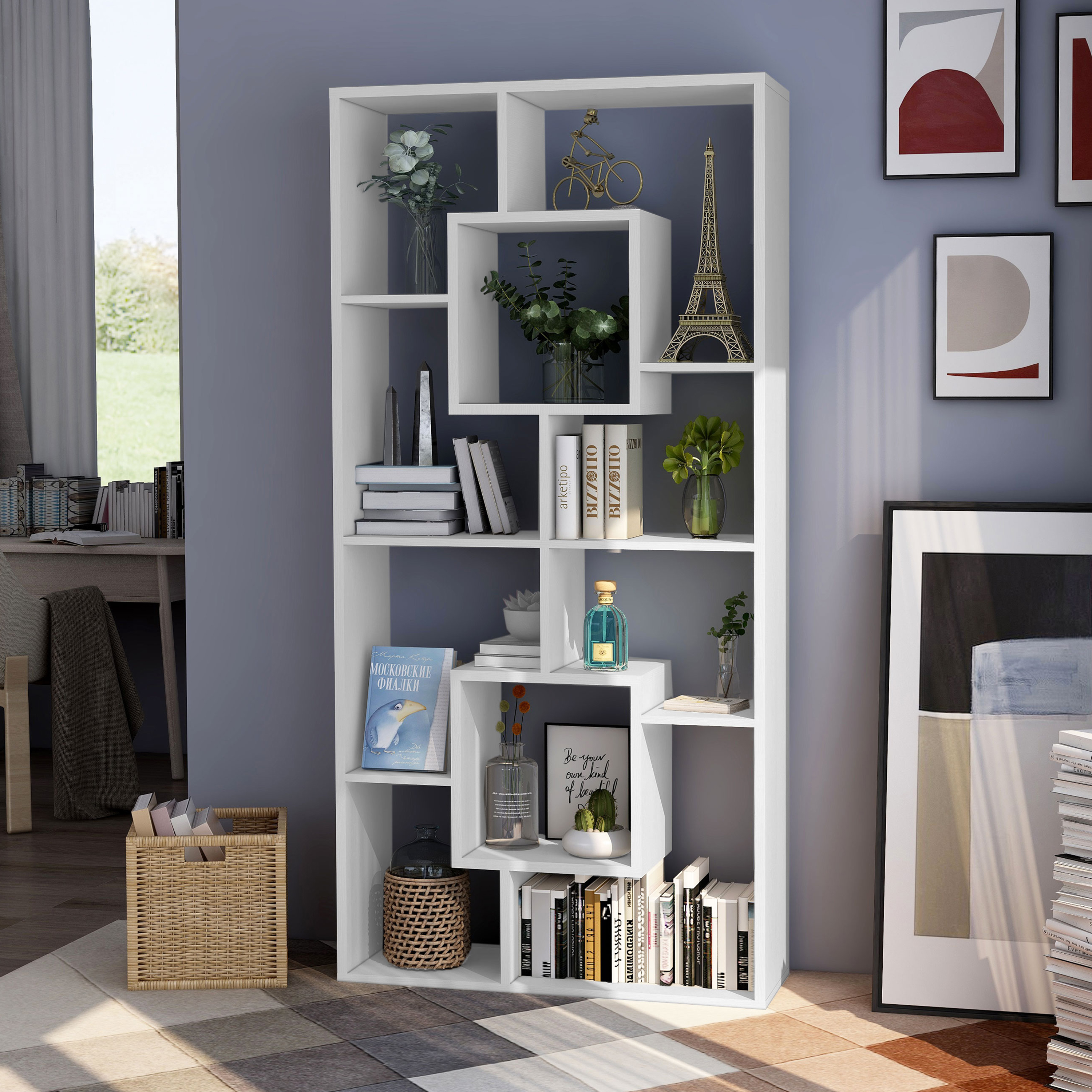 Furniture of America Darcy Modern 14-Shelf Geometric Bookcase, White