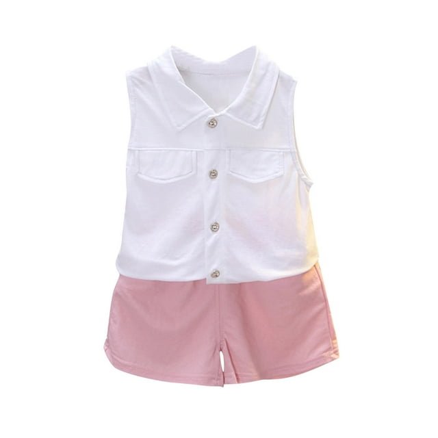 Zpanxa Ensembles d'Été Courts pour Filles Couleur Unie Confortables Manches Courtes Col Rond Blouses Ensembles 2-3 Ans