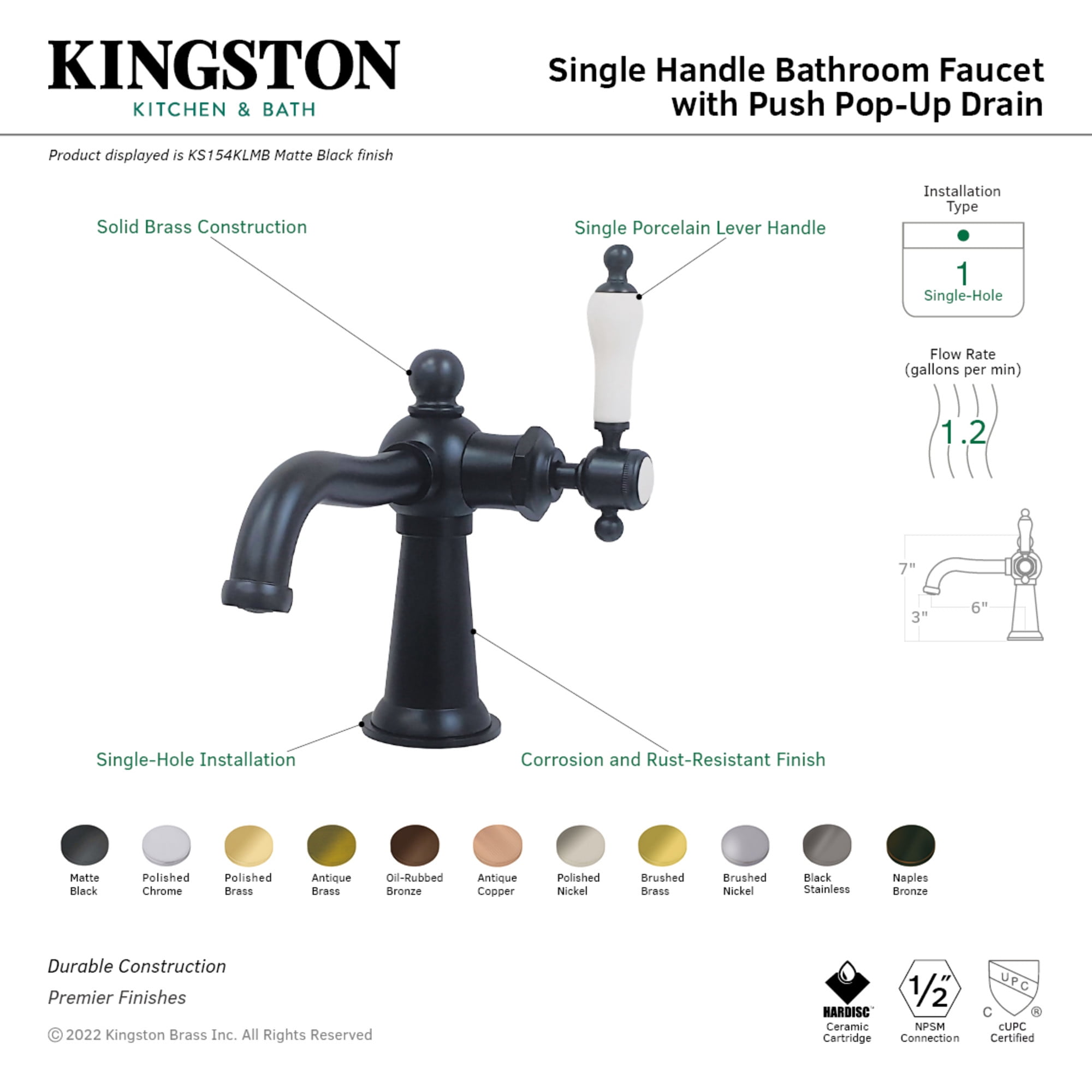 Kingston Brass KS154KLPN Nautical One-Handle Single-Hole Bathroom Faucet with Push Pop-Up Drain, Polished Nickel