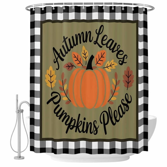 Fall Pumpkins Shower Curtain, Waterproof Shower Curtains for Bathroom, Thanksgiving Autumn Leaves Rustic Checkered Washable Fabric Bathtub Curtain Set Bath Decor with 12 Hooks 48"x72"
