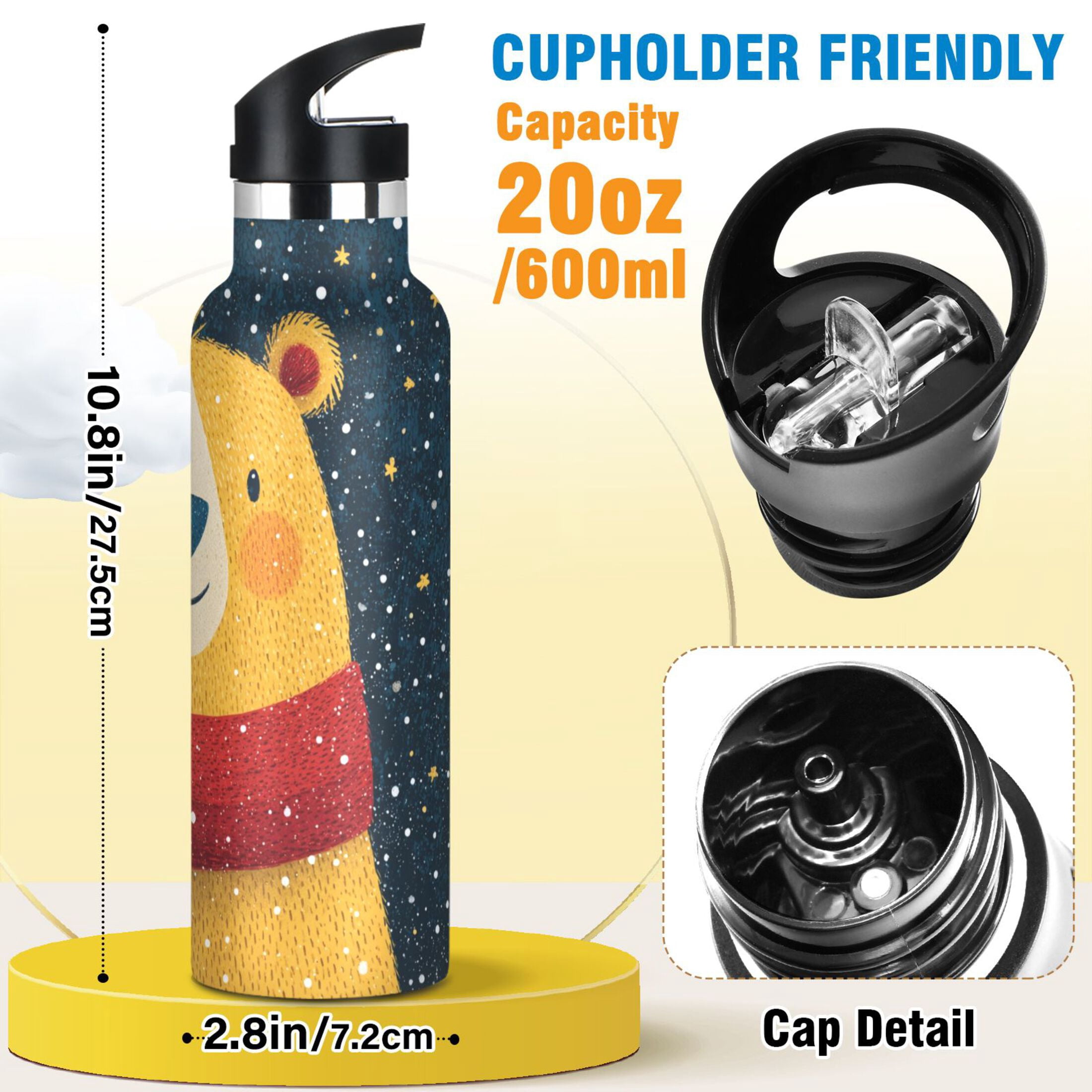 600ML Stainless Steel Insulated Cup Sports Water Bottle Portable Thermos Cup Water Glasses Insulated Tumblers Convenient and Durable Christmas Yellow Bear