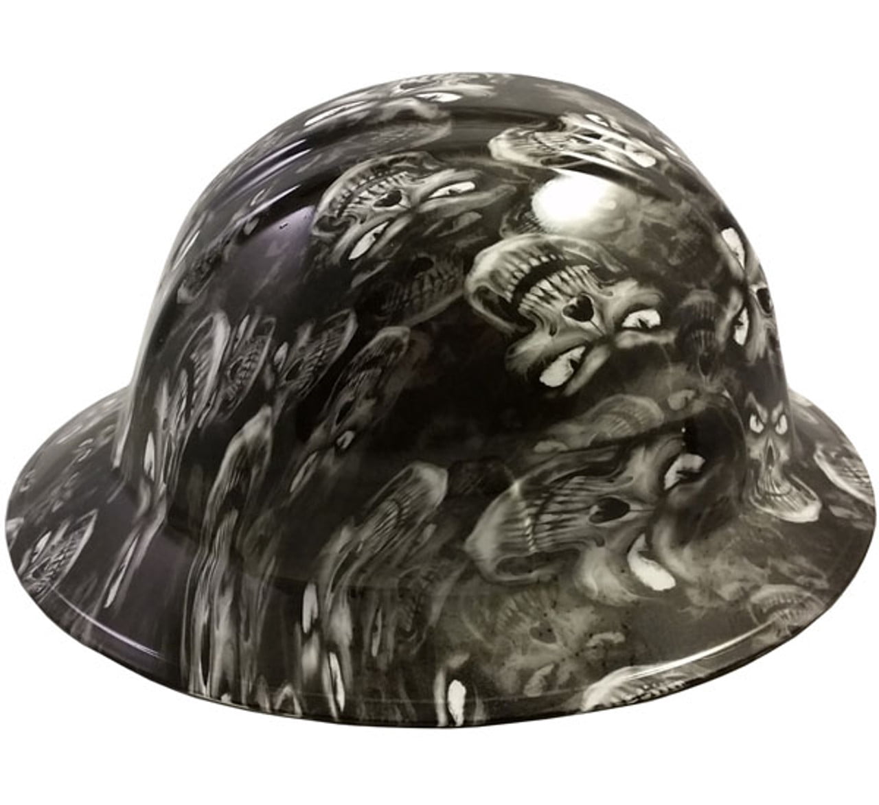 Hades Skull White Hydro Dipped Hard Hats Full Brim Style with 4 Pt Suspension