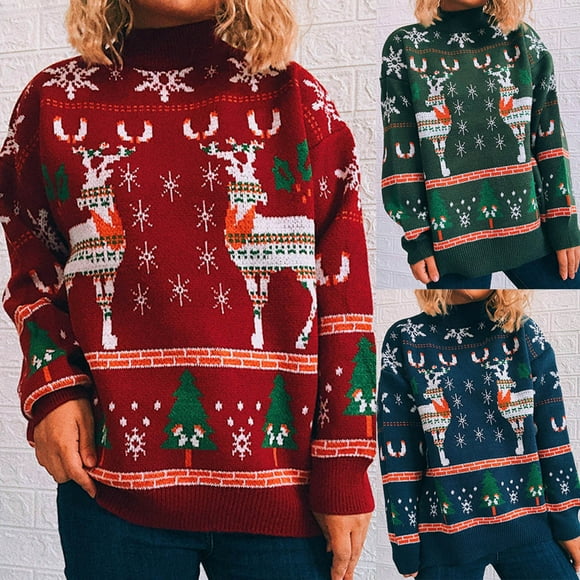 JURANMO Merry Chritmas Sweaters for Women Cute Christmas Moose Pattern Long Sleeve Jumper Tops Soft Fleece Warm Pullovers Sweater Deals of the Day Blue M