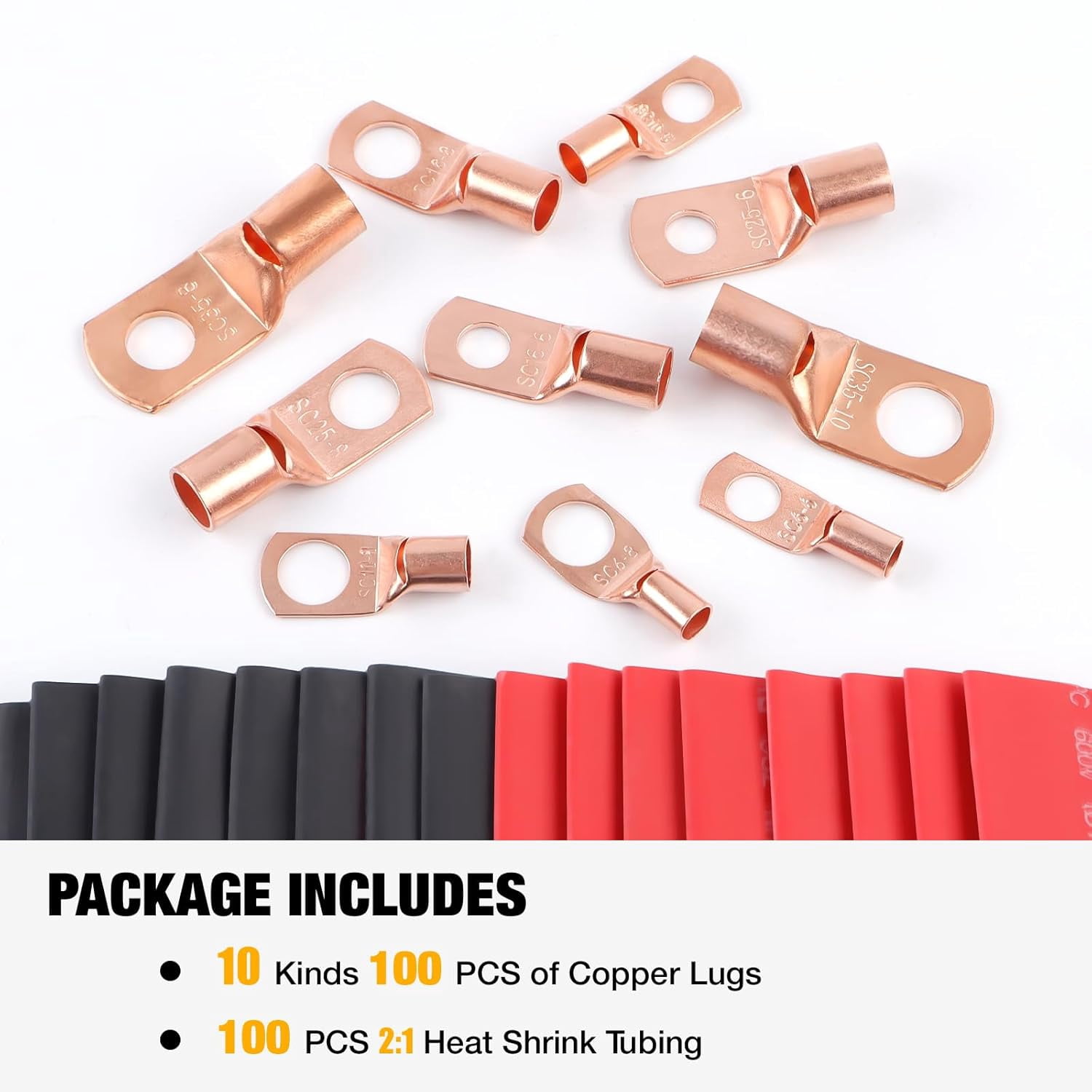 200 copper wire terminals 12108642 with heat shrink tube set, battery cable end ring terminals connector, crimp terminals suitable for automotive, marine, solar, inverter and audio applications
