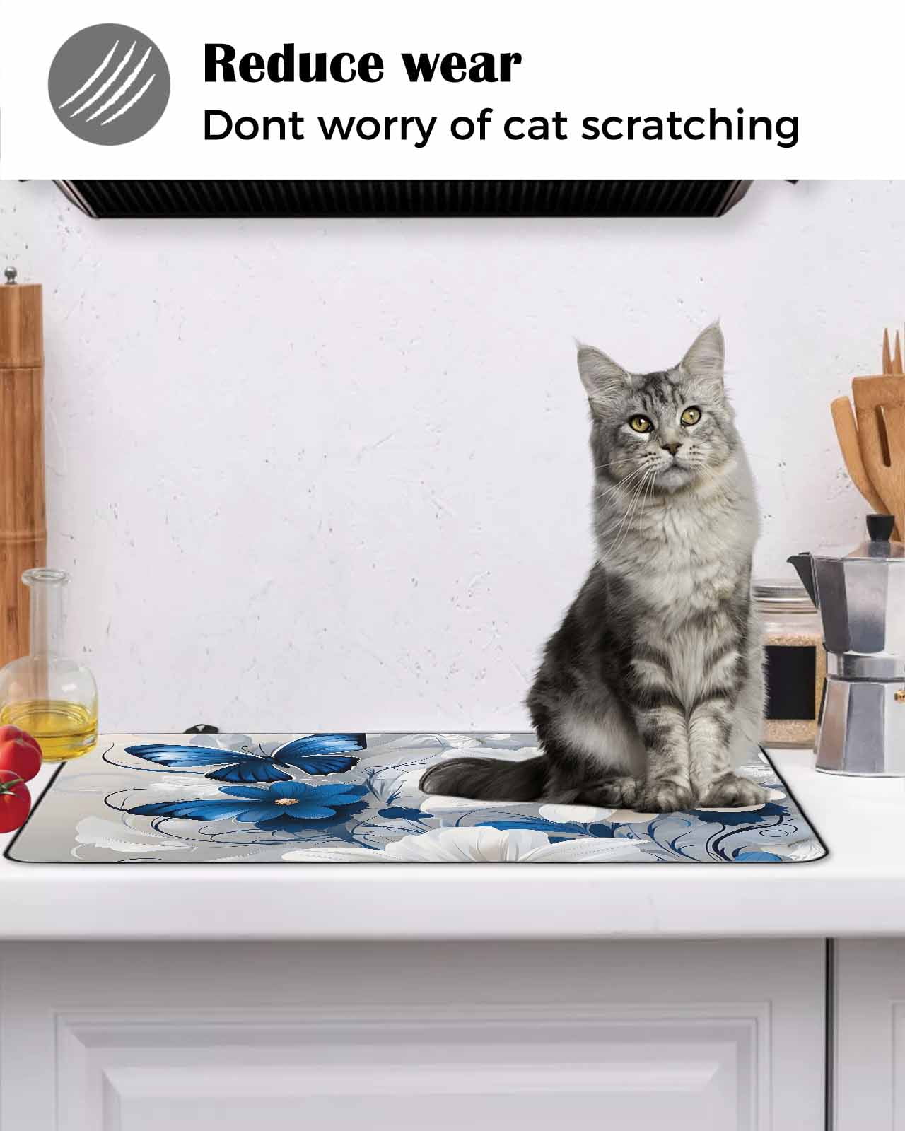 nqOlkjepod Large Induction Cooktop Protector Mat 36"x21", White Blue Flowers Stove Top Covers for Electric Stove, Modern Elegance Butterfly Floral Stove Burner Cover Mats, Glass Top Stove Cover